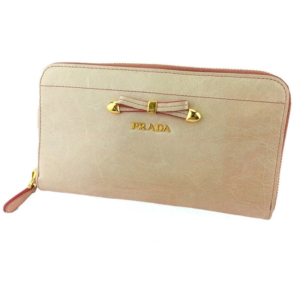 PRADA Purse ribbon beige pink leather Authentic used